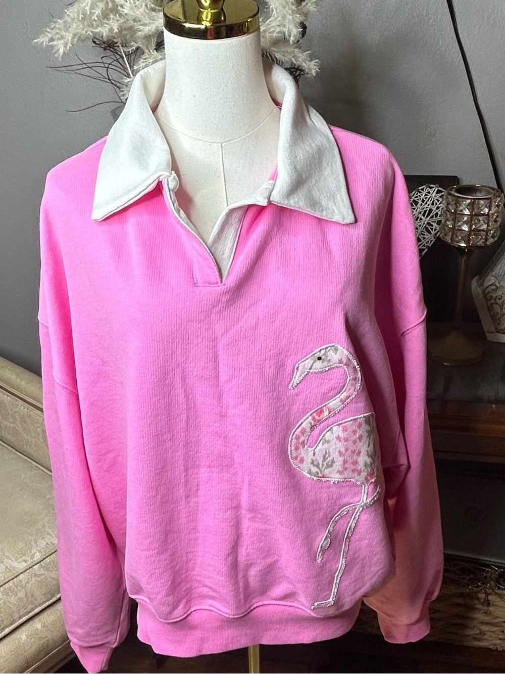 🎀 Pink Flamingo Oversized Rugby style  Sweatshirt by Alex Glockins